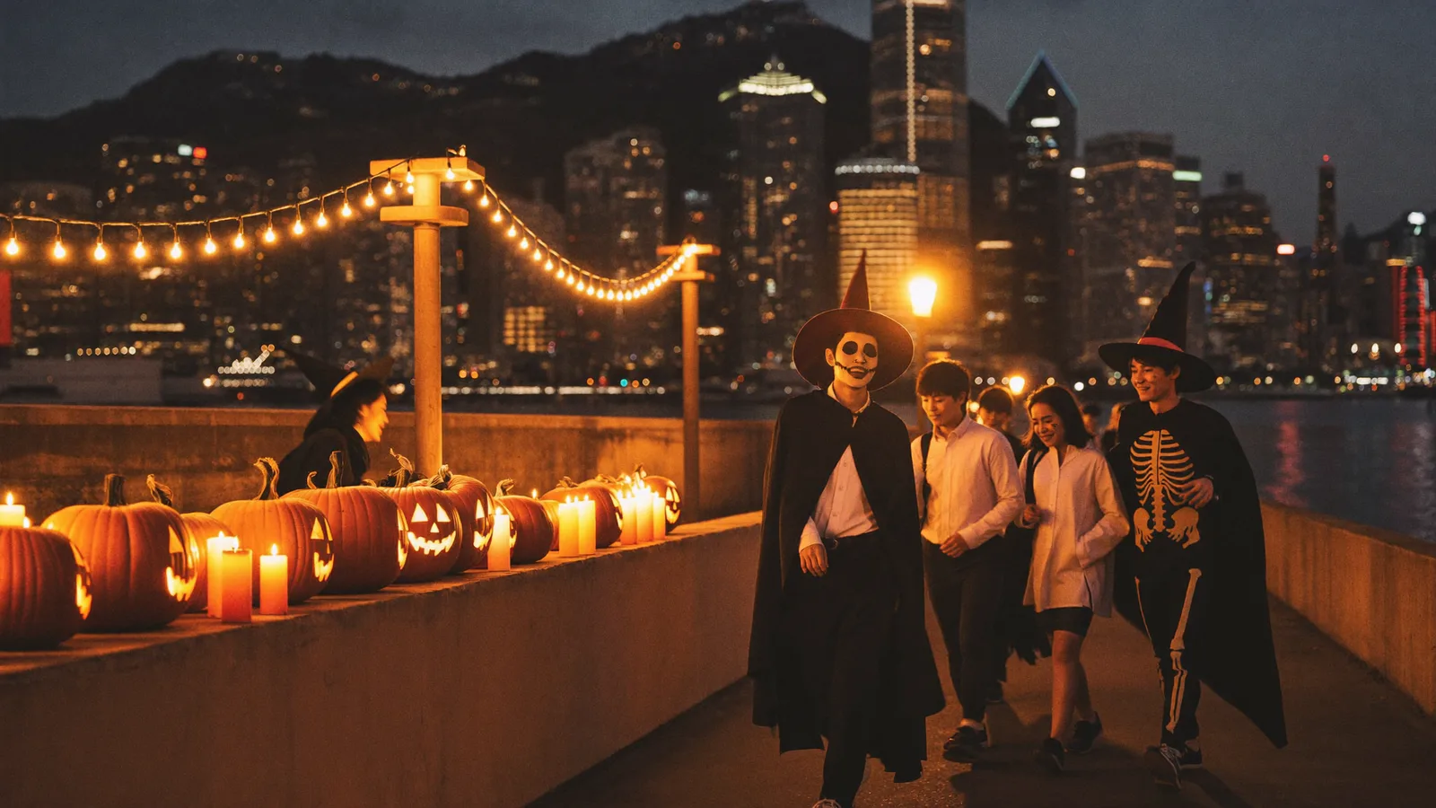 Illustrative image of people in Halloween costumes walking past glowing pumpkins on a Hong Kong harbourfront at dusk