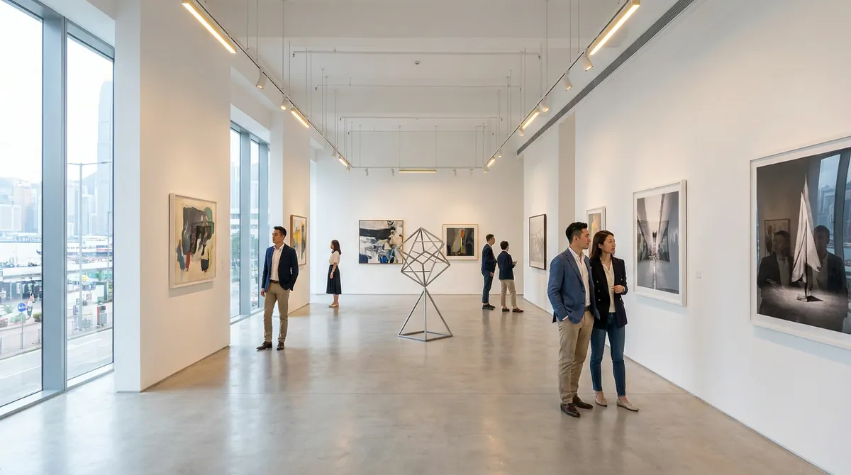 Illustrative image of a bright white-walled museum gallery, standing in for the M+ exhibition Myths, Monsters, and Manga rather than a photo of it