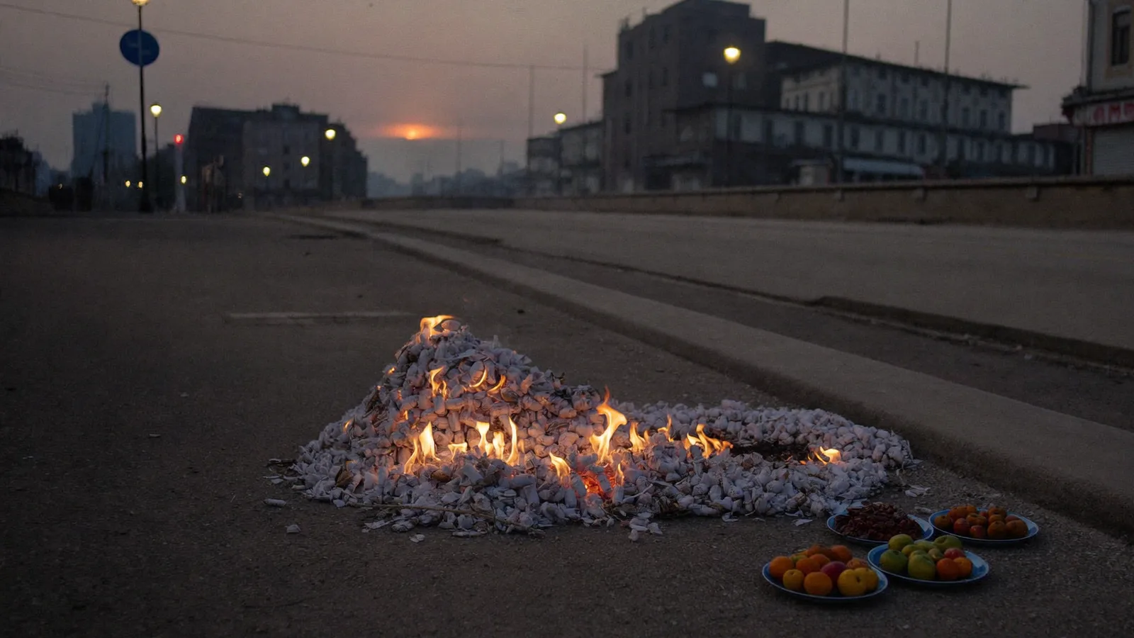 Paper offerings burning on an empty Hong Kong street at dusk beside plates of fruit, illustrating a kerbside ritual during the Hungry Ghost Festival and Yu Lan season in 2026