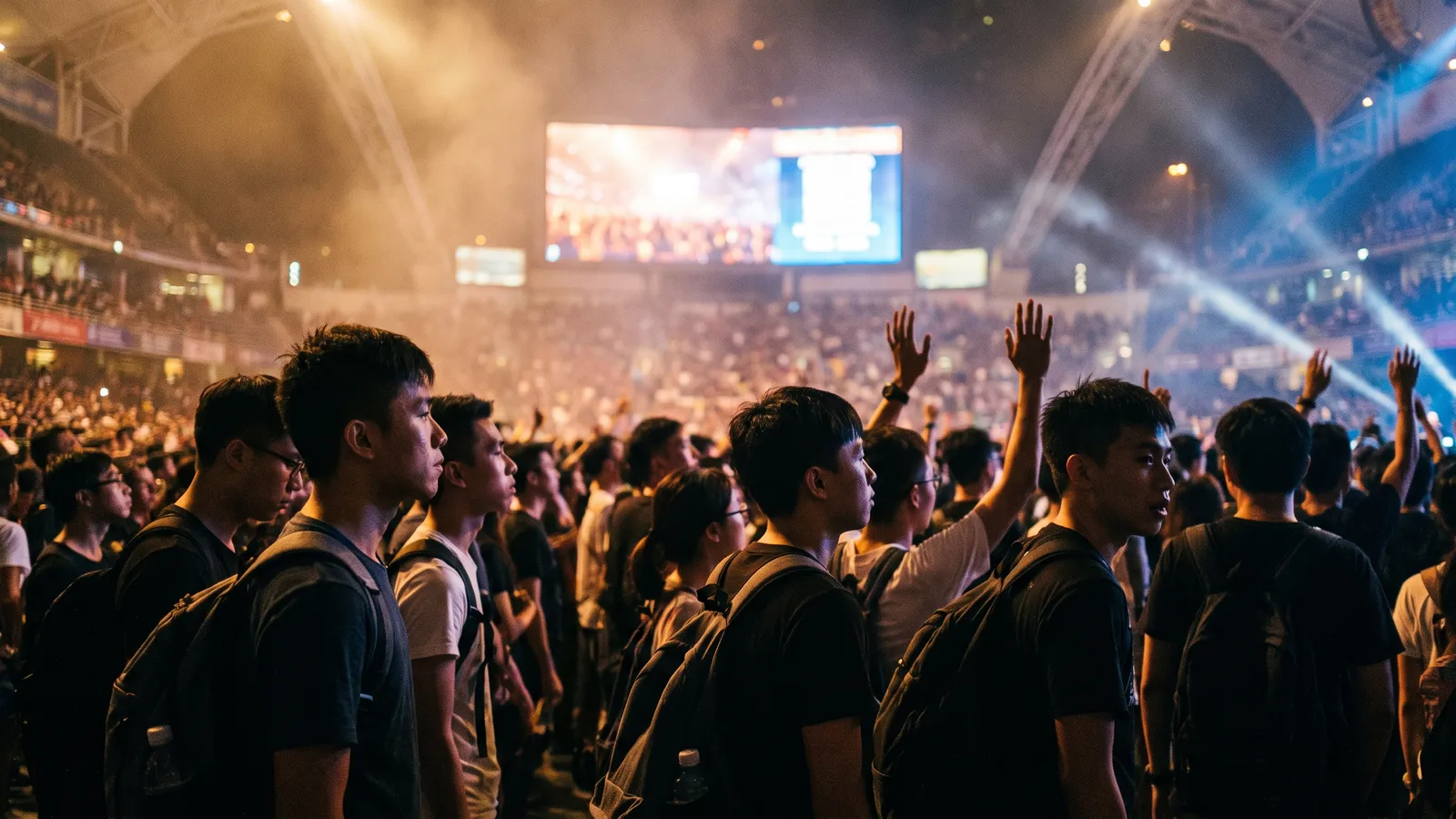 Illustrative image of a lively concert crowd with warm stage lighting and a glowing big screen, not a photo of the actual show